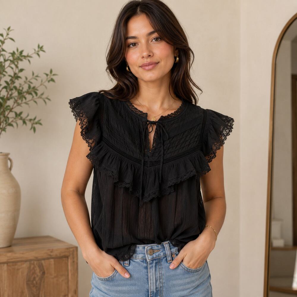 Ulla Johnson Sleeveless Blouse Top Ruffled Lace Trim Flutter Sleeve Black Size 8